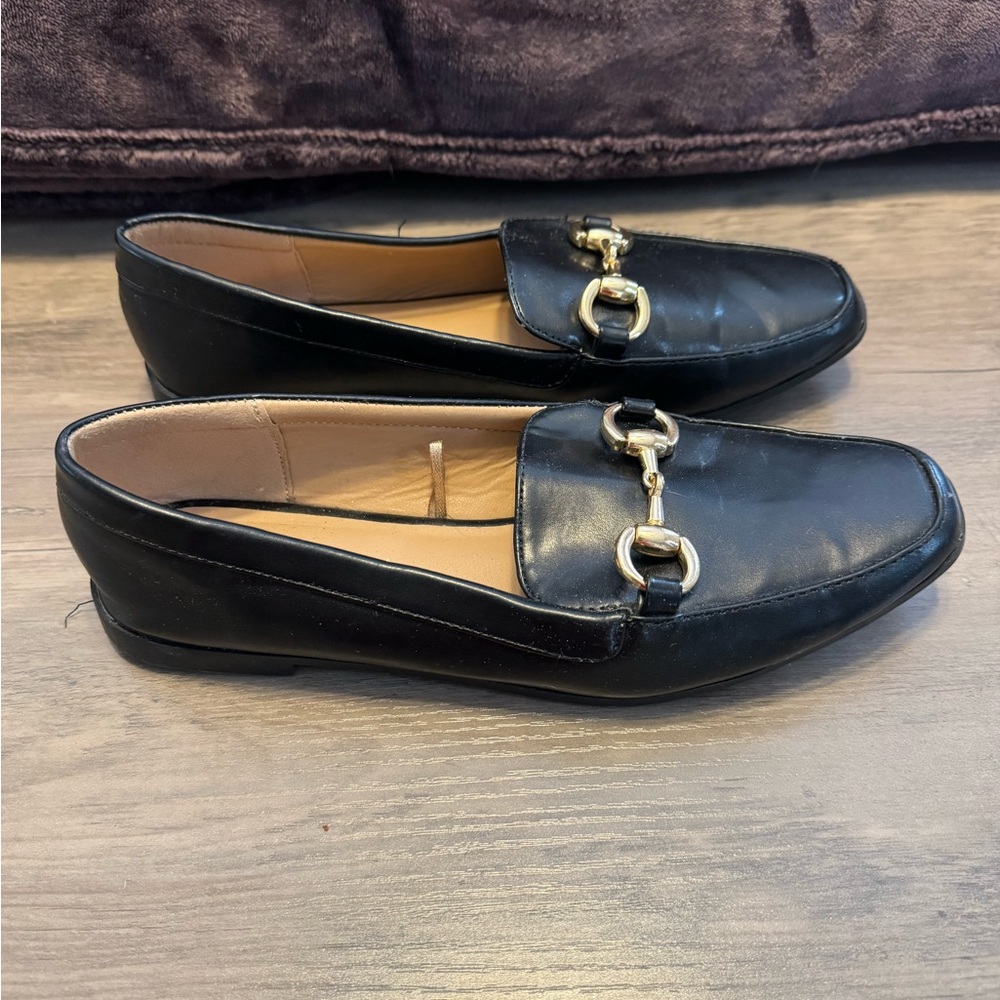 Black Leather Loafers with Gold Accent
